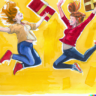 Two Teenage Girls Jumping In The Air Because They Are Happy To Get A Free Gift. Painting.